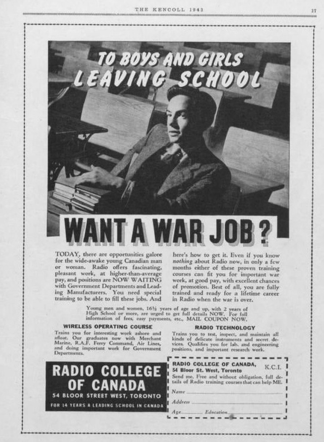 This wartime recruitment ad for the Radio College of Canada appeared in Kennedy Collegiate Institute's 1943 yearbook.