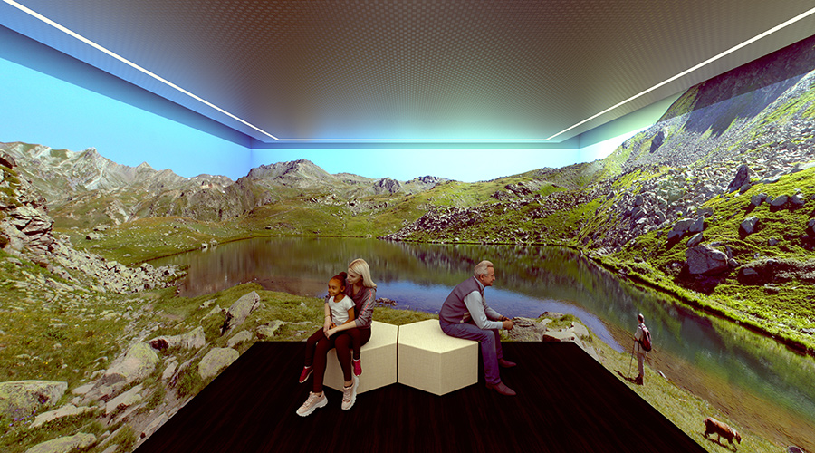 Keshavarz’s team Beyond Sight project features an immersive sensory room concept, which uses floor-to-ceiling nature projections, colour-shifting lighting, spatial audio, and ambient scent to create a calming, restorative environment for a wide range of users, including neurodiverse individuals.