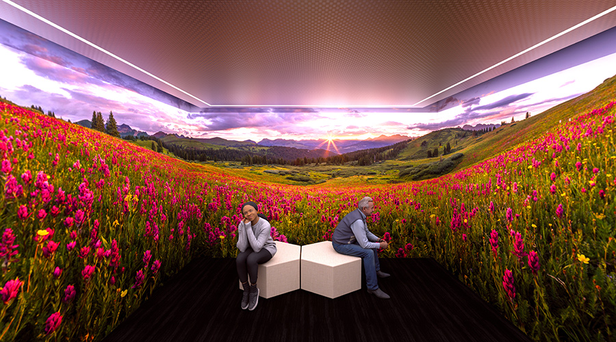 Keshavarz’s team Beyond Sight project features an immersive sensory room concept, which uses floor-to-ceiling nature projections, colour-shifting lighting, spatial audio, and ambient scent to create a calming, restorative environment for a wide range of users, including neurodiverse individuals.