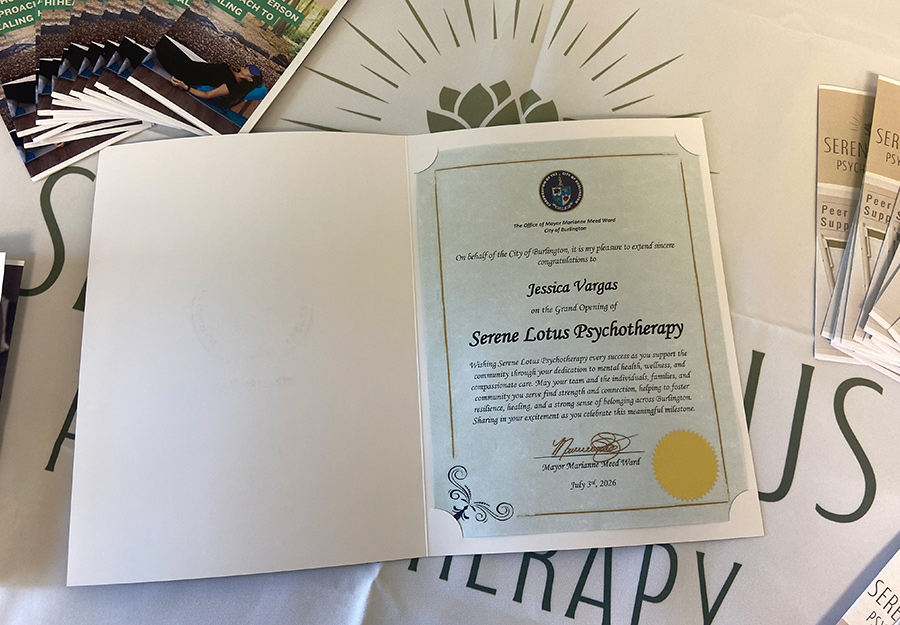 The City of Burlington recognized the grand opening of Serene Lotus Psychotherapy in July 2026.